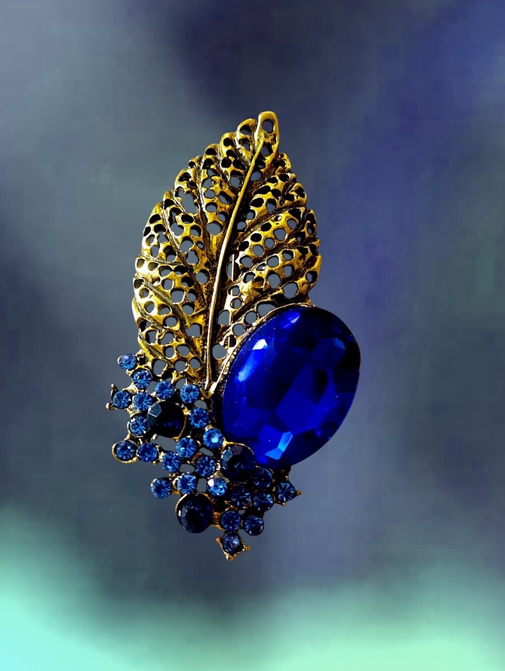 Leaf Brooch with Royal Blue Crystal Accent